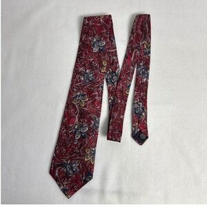 Vintage Dark Academia Ambassador Mens OS Burgundy Floral Italian Silk Necktie
